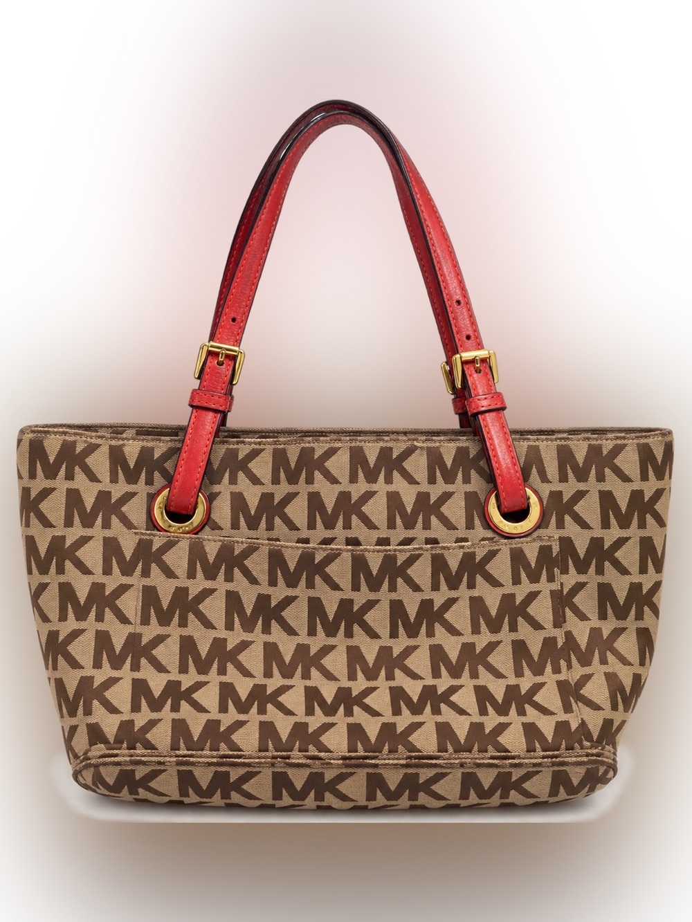 Michael Kors MK Signature Jacquard Tote Shoulder Bag Brown Red Leather